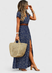 Women's Paisley Print Maxi Dress V Neck Short Sleeve Belted Side Slit Flowing Boho Style