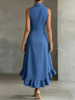 Load image into Gallery viewer, Women's Blue Denim Dress Collar Sleeveless Button Front High Low Ruffle Style

