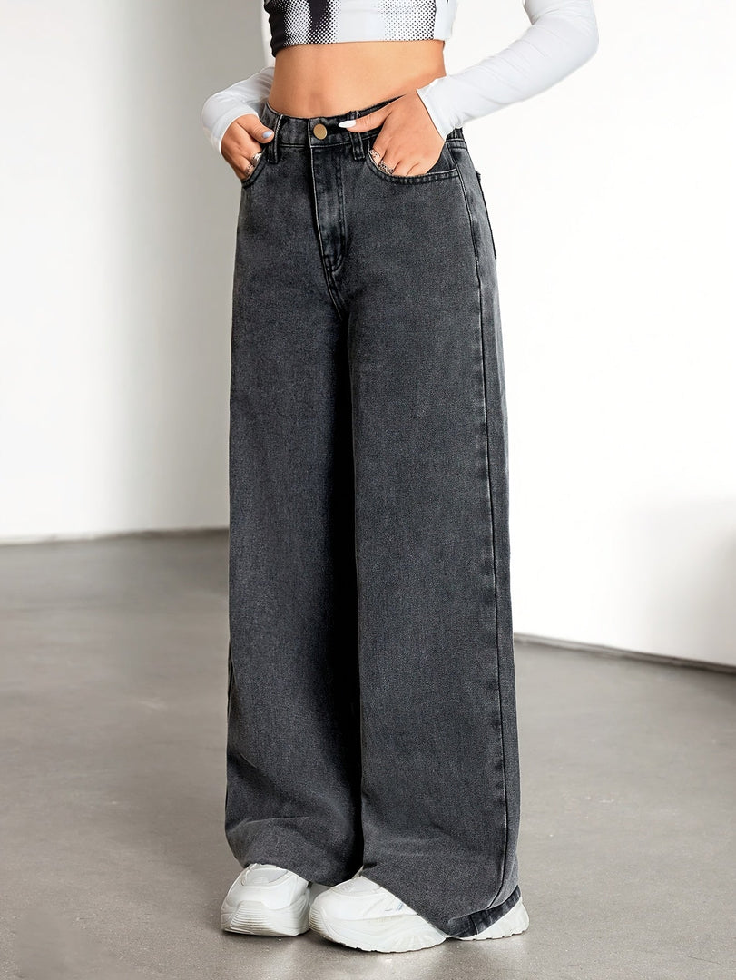 Women's Grey Wide Leg Jeans High Waist Flowing Loose Fit Denim Style