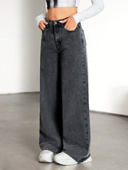 Women's Grey Wide Leg Jeans High Waist Flowing Loose Fit Denim Style