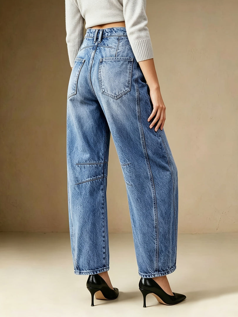 Women's Relaxed Blue Barrel Jeans High Waist Seam Detail