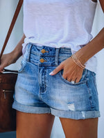 Load image into Gallery viewer, Women's Light Blue Shorts High Waist Button Fly Distressed Cuffed Hem Denim Casual Style
