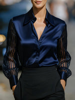 Load image into Gallery viewer, Women's Satin Blouse Collared Button Up Sheer Stripe Sleeve Business Casual Style

