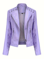 Load image into Gallery viewer, Women's Leather Moto Jacket Notch Lapel Zip Front Studded Shoulder
