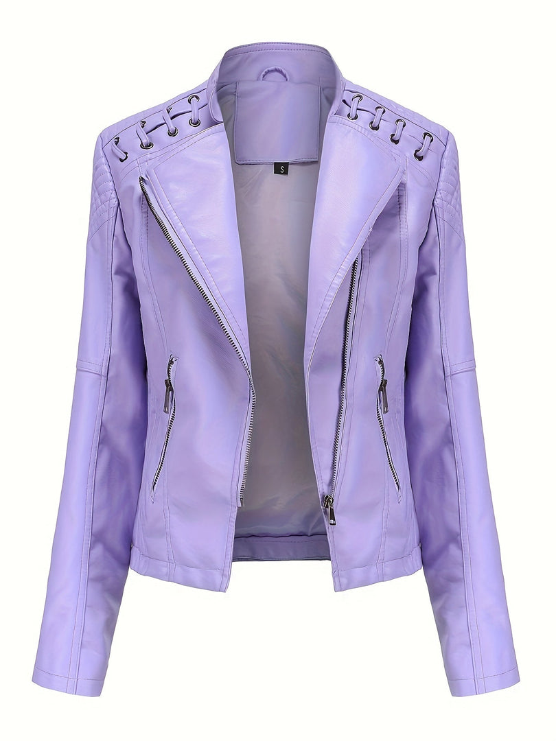 Women's Leather Moto Jacket Notch Lapel Zip Front Studded Shoulder