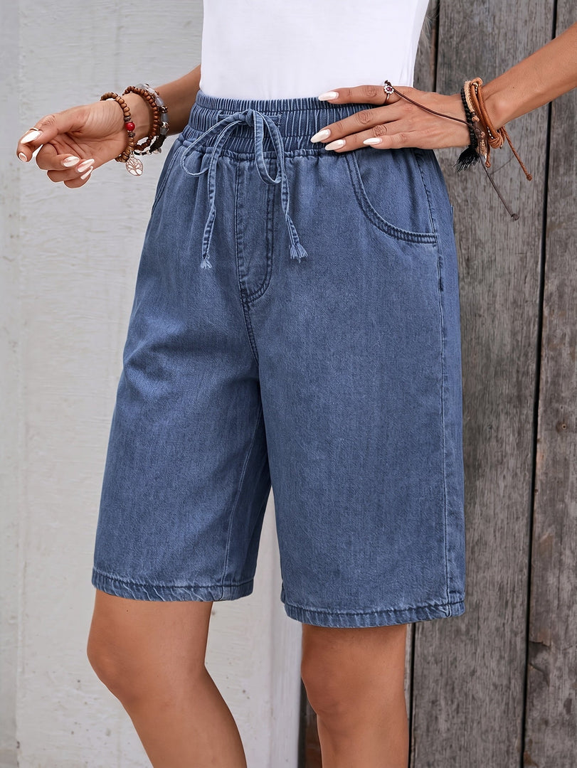 Women's Blue Jean Shorts High Waist Drawstring Pocket Bermuda Style
