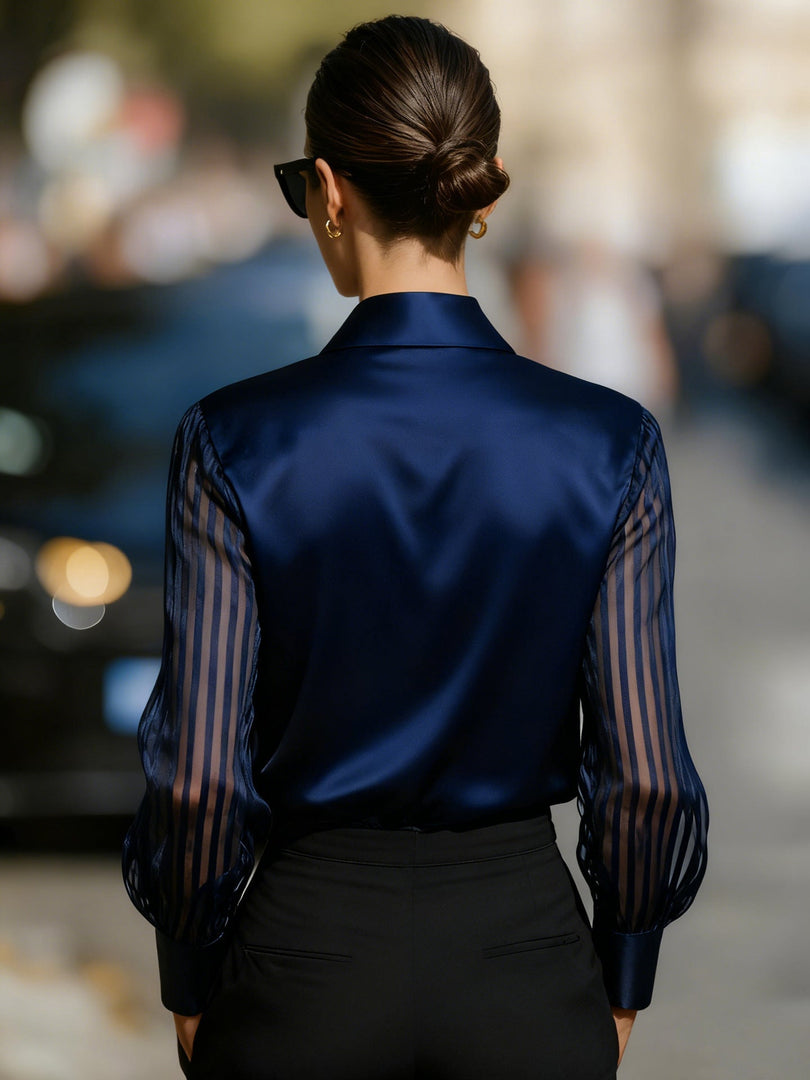 Women's Satin Blouse Collared Button Up Sheer Stripe Sleeve Business Casual Style