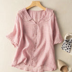Load image into Gallery viewer, Women's Linen Blouses Round Neck Short Sleeve Button Relaxed Flowing Style
