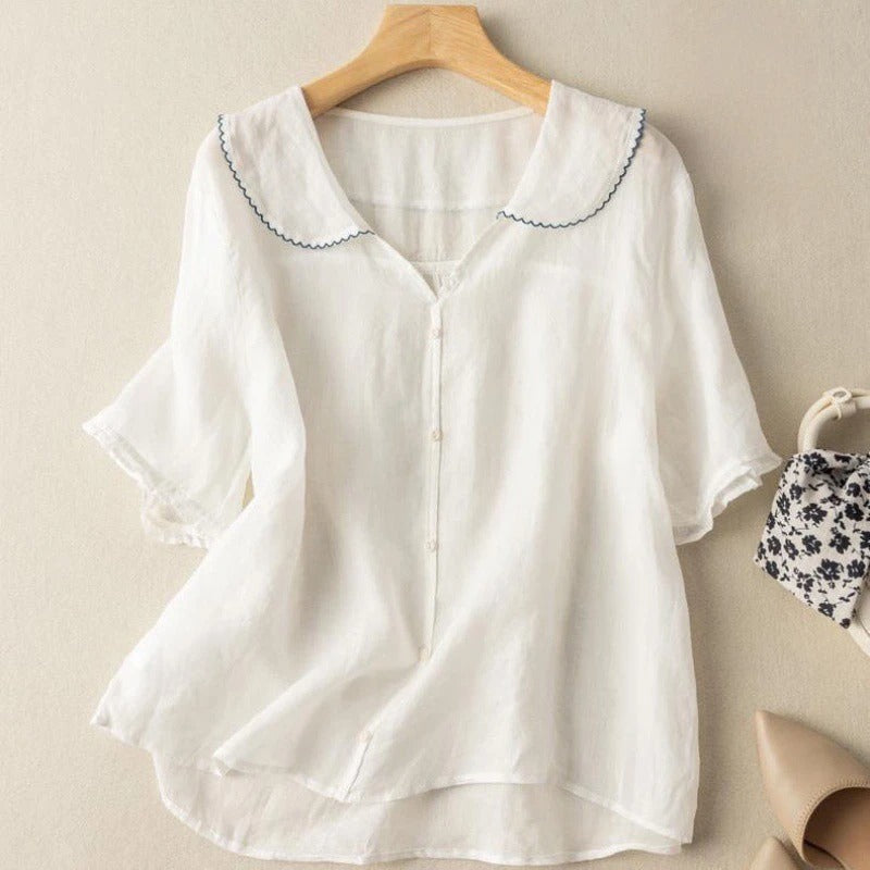 Women's Linen Blouses Round Neck Short Sleeve Button Relaxed Flowing Style