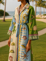 Load image into Gallery viewer, Women's Blue Print Maxi Dress Collared Button Front Long Sleeve Belted Flowing Style

