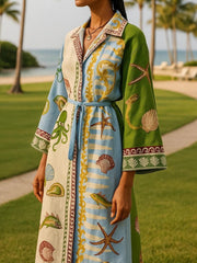 Women's Blue Print Maxi Dress Collared Button Front Long Sleeve Belted Flowing Style