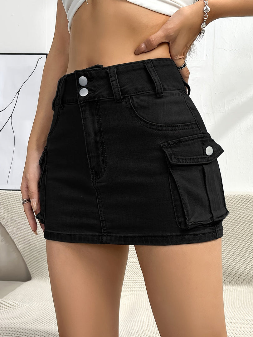 Women's Denim Mini Skirt High Waist Cargo Pocket Jean Skirt Street Style