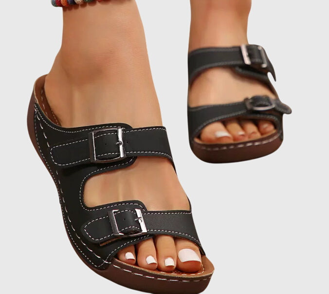 Women's Orthopedic Sandals Double Buckle Strap Cork Wedge Open Toe Slip On Casual Style