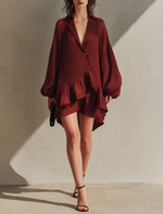 Load image into Gallery viewer, Women's Red Mini Dress V Neck Button Front Balloon Sleeve Ruffle Hem Style
