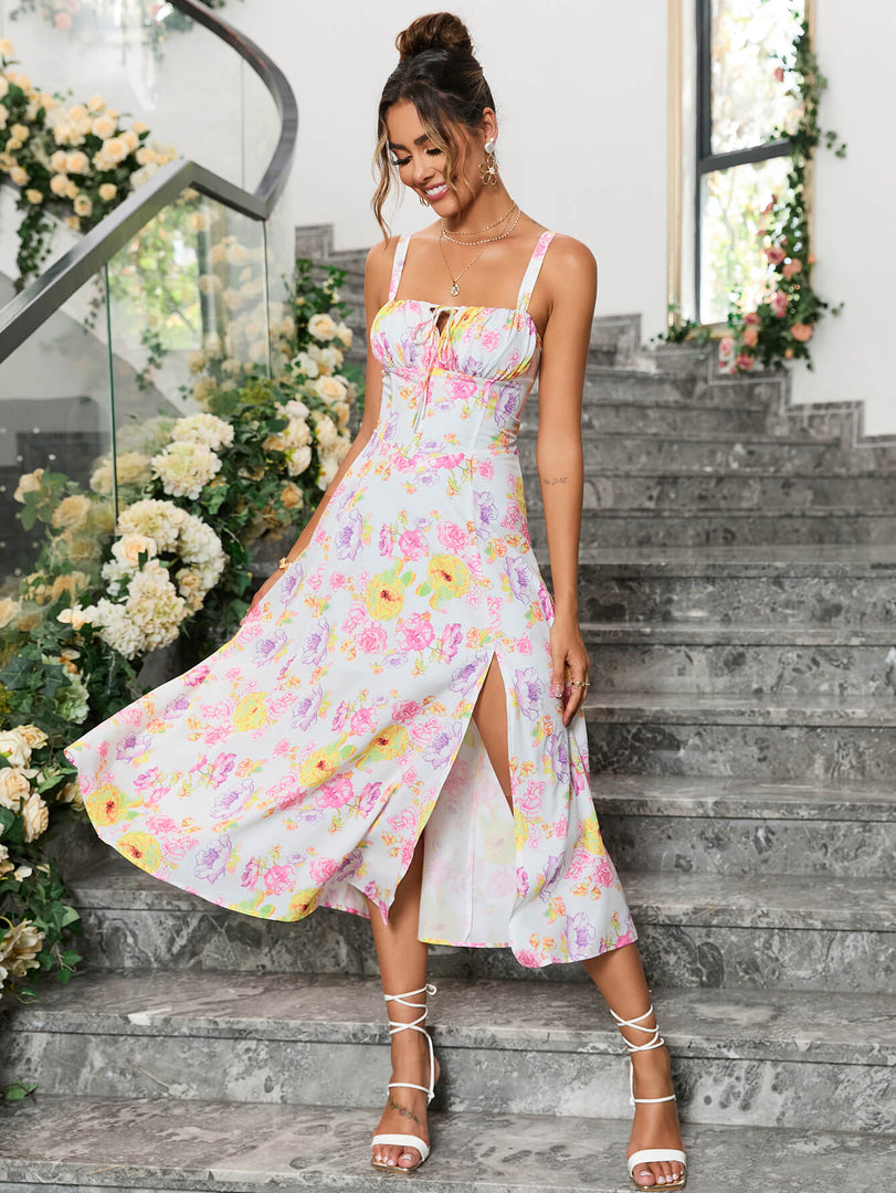 Ruched Bust Split Thigh Floral Cami Dress | Vacation Dress, Wedding Guest Dress