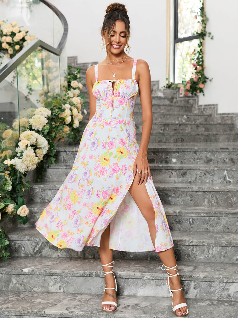 Ruched Bust Split Thigh Floral Cami Dress | Vacation Dress, Wedding Guest Dress