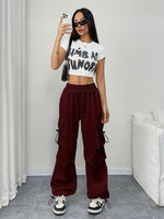 Load image into Gallery viewer, Women's Burgundy Cargo Pants Drawstring Waist Pocket Style
