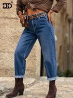 Load image into Gallery viewer, Women's Deep Blue Relaxed Mom Jeans High Waist Cuffed Straight Leg
