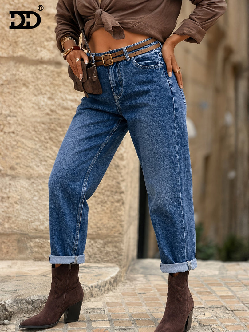 Women's Deep Blue Relaxed Mom Jeans High Waist Cuffed Straight Leg