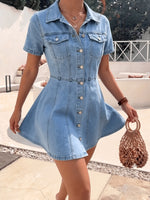 Load image into Gallery viewer, Women's Deep Blue Denim Jacket Button-Front A-Line Fitted Flared Hem
