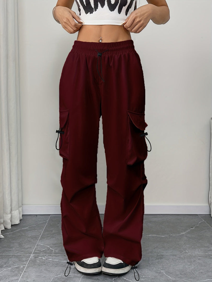 Women's Burgundy Cargo Pants Drawstring Waist Pocket Style