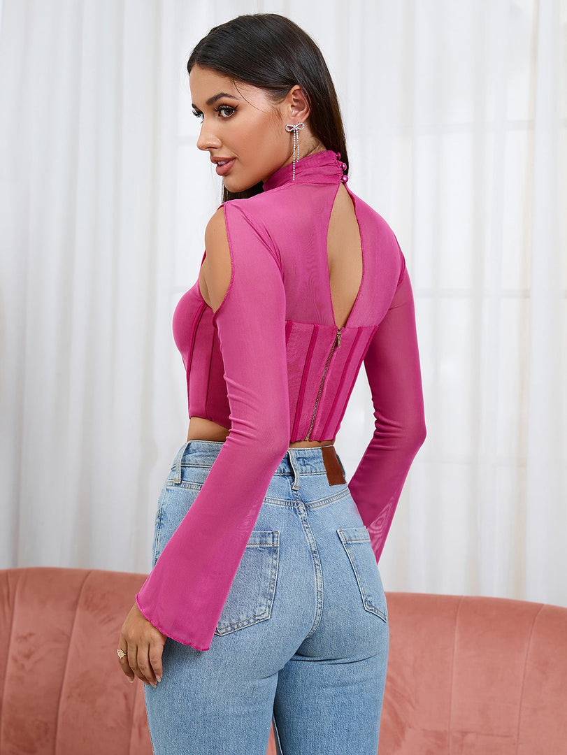 Boning Bell Sleeve Cut Out Mesh Corset Top | Cocktail Party Top