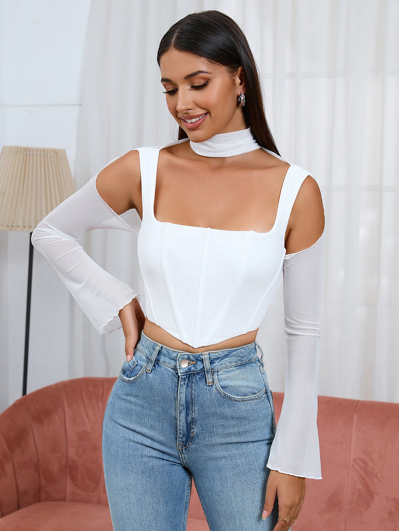 Boning Bell Sleeve Cut Out Mesh Corset Top | Cocktail Party Top