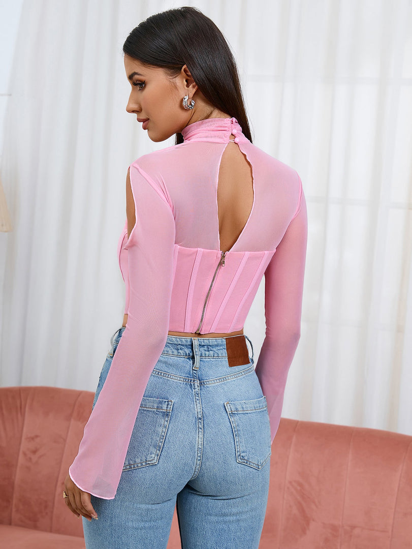 Boning Bell Sleeve Cut Out Mesh Corset Top | Cocktail Party Top