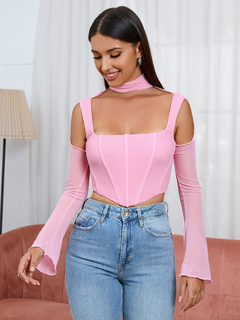 Boning Bell Sleeve Cut Out Mesh Corset Top | Cocktail Party Top
