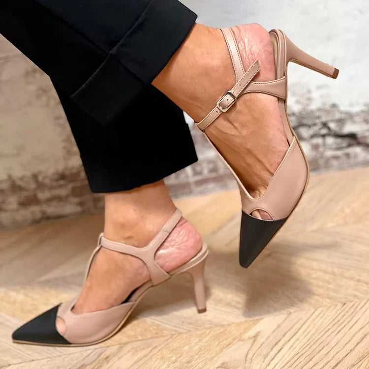 Women's Beige Wedding Shoes Pointed Toe Ankle Strap Stiletto Heel
