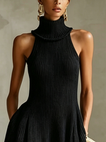 Load image into Gallery viewer, Women's Black Knit Maxi Dress Turtleneck Sleeveless High Slit Flowy a Line Style
