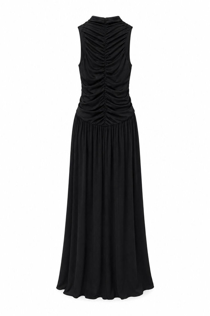 Women's Black Pleated Maxi Dress High Neck Sleeveless Flowing Skirt