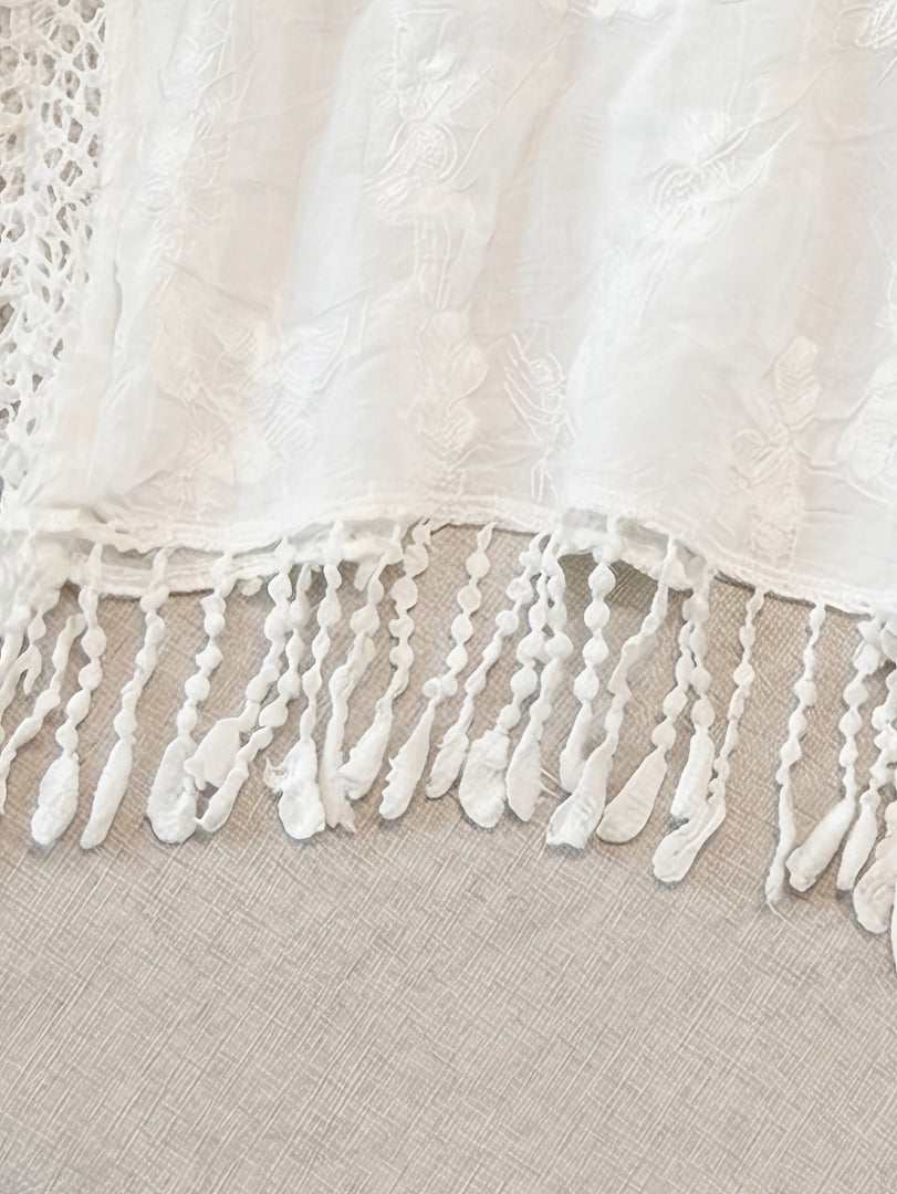 Women's Cream Poncho Shirt Crochet Lace Fringe Hem Draped Style