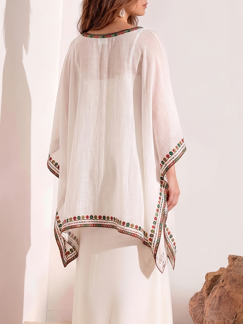 Women's Poncho Shirt V Neck Embroidered Trim Draped Kaftan Style
