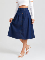 Women's Medium Blue Denim Midi Skirt Button Front a Line Pleated Style