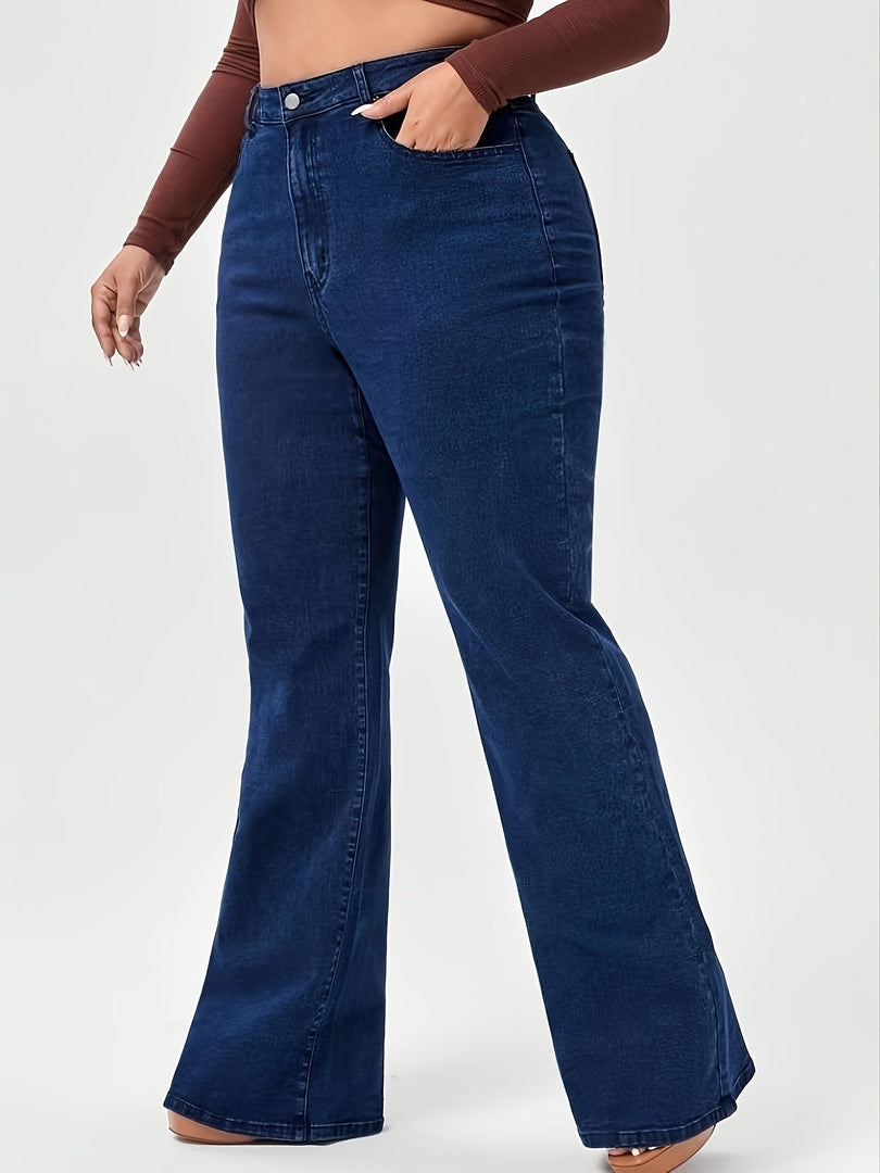 Women's Dark Blue Wide Leg Jeans High Waist Flare Flowing Denim Style