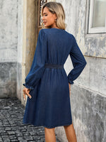 Load image into Gallery viewer, Women's Blue Denim Dress V Neck Long Sleeve a Line Midi
