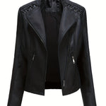 Load image into Gallery viewer, Women's Leather Moto Jacket Notch Lapel Zip Front Studded Shoulder
