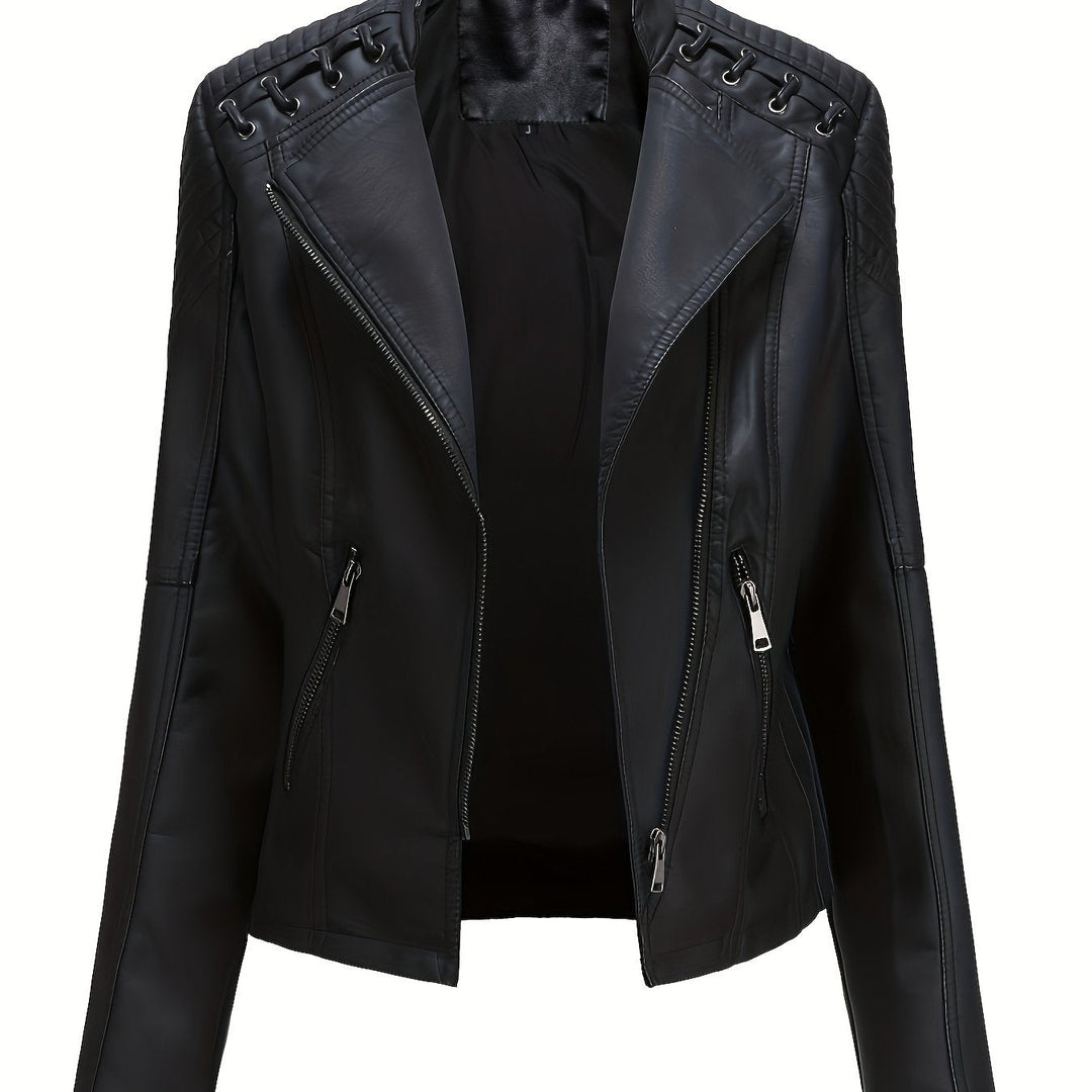 Women's Leather Moto Jacket Notch Lapel Zip Front Studded Shoulder
