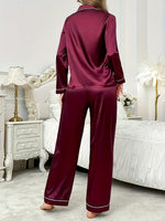 Load image into Gallery viewer, Women's Burgundy Pajamas Satin Collar Piping Long Sleeve
