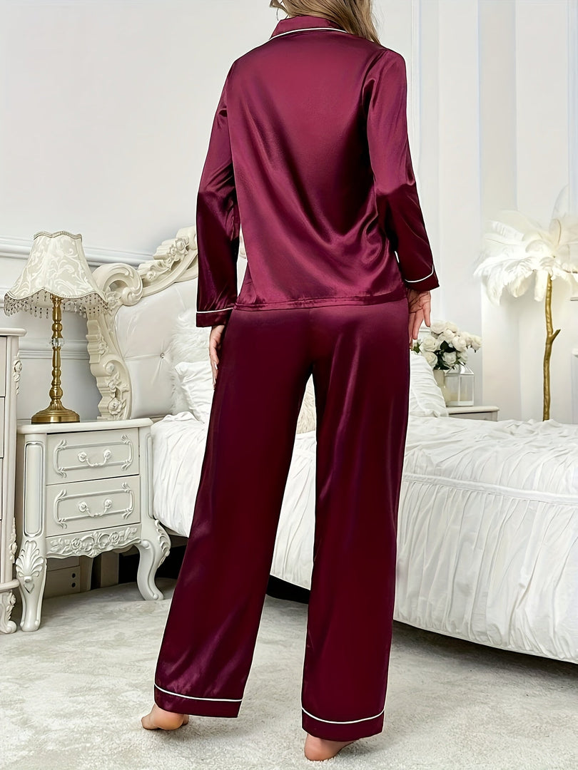 Women's Burgundy Pajamas Satin Collar Piping Long Sleeve