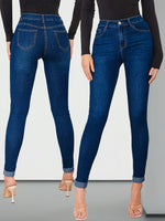 Load image into Gallery viewer, Women's Medium Blue Relaxed Skinny Jeans High Waist Cuffed Ankle Stretch Denim
