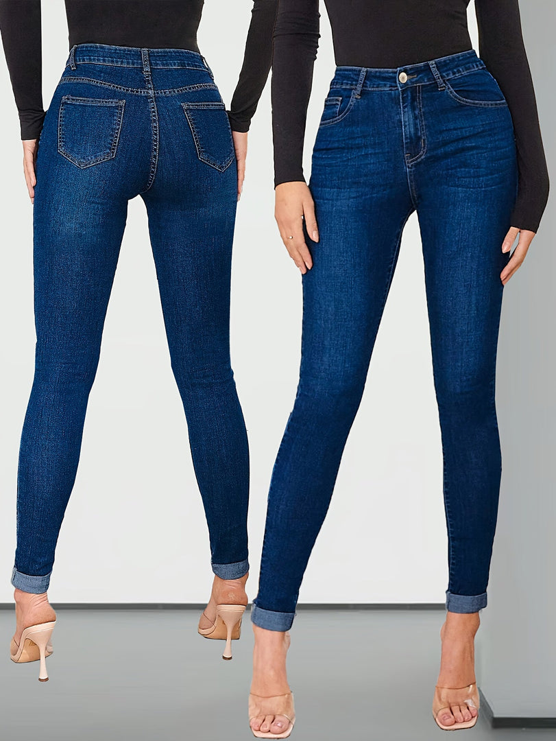 Women's Medium Blue Relaxed Skinny Jeans High Waist Cuffed Ankle Stretch Denim