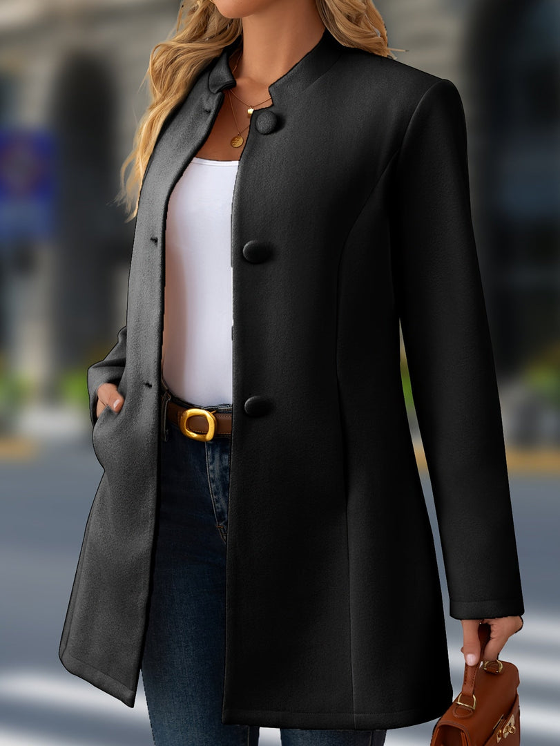 Women's Wool Coat Stand Collar Button Front Belted Waist