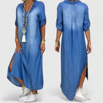 Load image into Gallery viewer, Women's Blue Denim Maxi Dress Collar Elbow Sleeve Side Slit Casual Style
