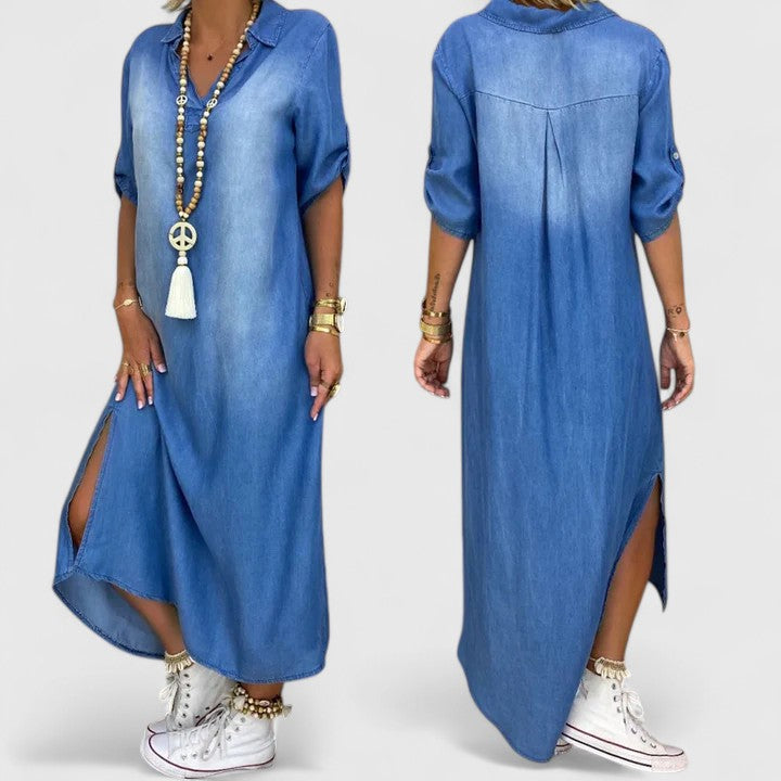 Women's Blue Denim Maxi Dress Collar Elbow Sleeve Side Slit Casual Style