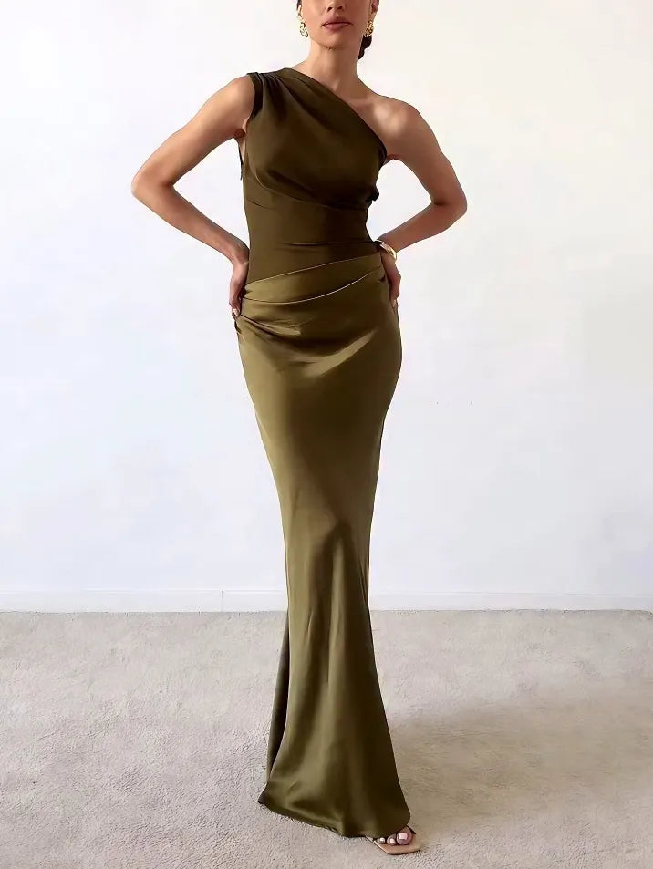 Women's Satin Maxi Dress One Shoulder Ruched Waist Bias Cut Formal Wedding Guest Style