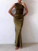 Load image into Gallery viewer, Women's Satin Maxi Dress One Shoulder Ruched Waist Bias Cut Formal Wedding Guest Style
