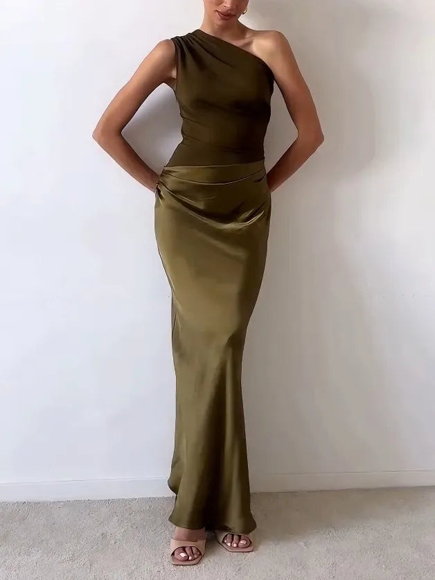 Women's Satin Maxi Dress One Shoulder Ruched Waist Bias Cut Formal Wedding Guest Style