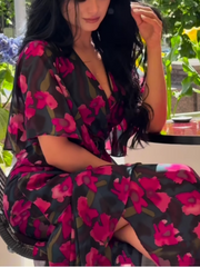 Women's Floral Print Maxi Dress V-Neck Trumpet Sleeve